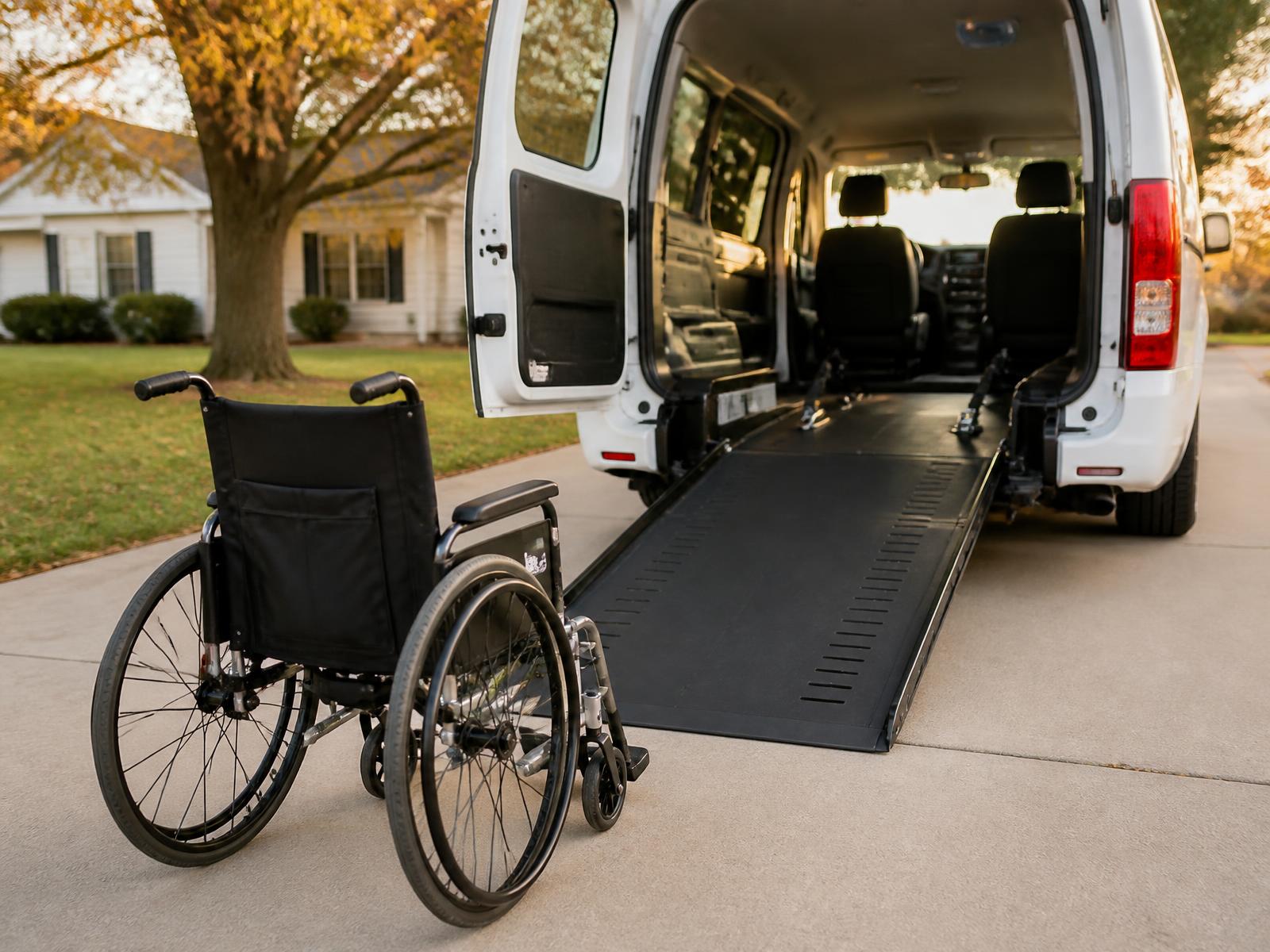 Rear of a clean wheelchair-accessible van with the ramp lowered to a driveway and a manual wheelchair waiting at the bottom of the ramp.